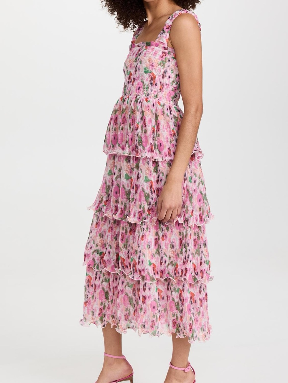 Ganni Pink Floral Smocked Sundress